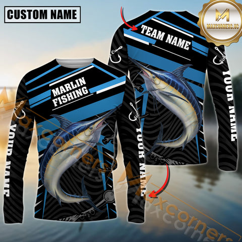 Maxcorners Marlin Fishing Blue Jersey Sport Pattern Personalized Name, Team Name 3D Shirts