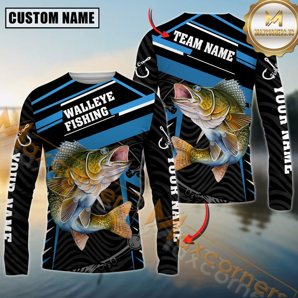 Maxcorners Walleye Fishing Blue Jersey Sport Pattern Personalized Name, Team Name 3D Shirts