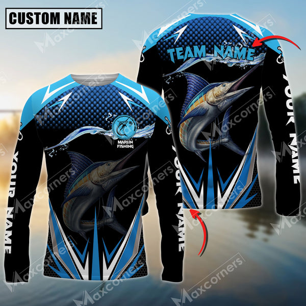 Maxcorner Marlin Fishing Jersey  Blue Wave Pattern Personalized Name And Team Name Long Sweat Shirt