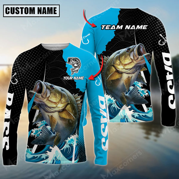 Maxcorner Bass Fishing Wave Pattern Personalized Name And Team Name Long Sweat Shirt