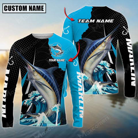 Maxcorner Marlin Fishing Wave Pattern Personalized Name And Team Name Long Sweat Shirt