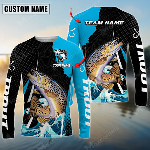 Maxcorner Trout Fishing Wave Pattern Personalized Name And Team Name Long Sweat Shirt