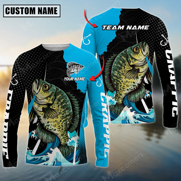 Maxcorner Crappie Fishing Wave Pattern Personalized Name And Team Name Long Sweat Shirt