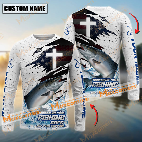 Maxcorners Chinook Fishing Hooked On Fishing, Safe On The Water Sport Jersey Cross Pattern Personalized Name, Team Name Long Sleeve Shirt