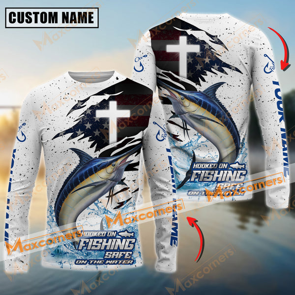 Maxcorners Marlin Fishing Hooked On Fishing, Safe On The Water Sport Jersey Cross Pattern Personalized Name, Team Name Long Sleeve Shirt