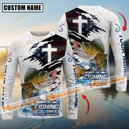 Maxcorners Fishing Hooked On Fishing, Safe On The Water Sport Jersey Cross Pattern Personalized Name, Team Name Long Sleeve Shirt (6 Fish Species)