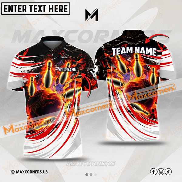 Maxcorners Bowling & Pins Flaming Magma Pattern Multicolor Option Customized Name, Team Name 3D Polo Shirt (4 Colors)