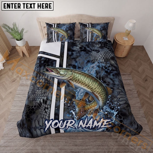 Maxcorners Fishing Black Tactical Pattern Water Splash Personalized Name Unisex 3D Bedding Set (13 Fish Species)
