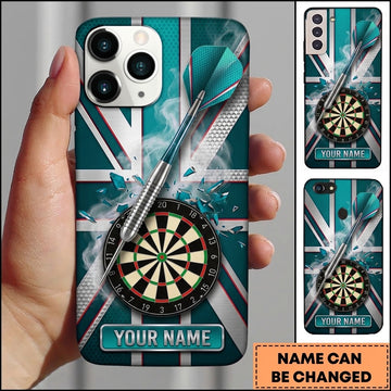 Maxcorners Darts Phone Case Union Jack British Flag Metallic Frame Shattered Glass Steel Arrow Personalized Name Multi Options Cover (7 Colors)