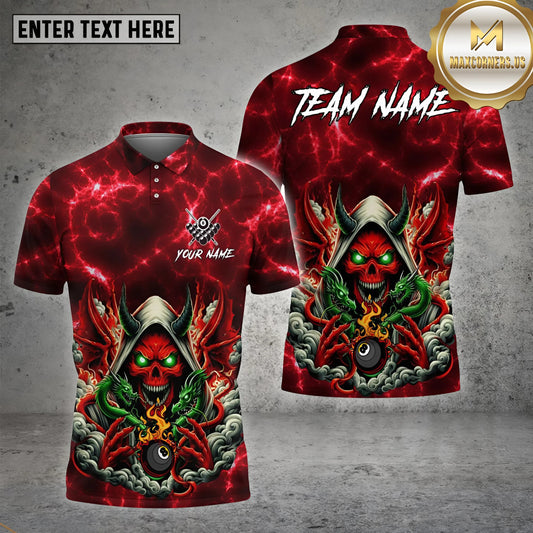 Maxcorners Devil With Two Dragon  Billiard Ball 8 Fire Multicolor Options Personalized Name, Team Name 3D Polo Shirt (4 Colors)