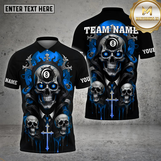 Maxcorners Billiard Crack Ball 8 Skull Multicolor Options Personalized Name, Team Name 3D Polo Shirt (4 Colors)