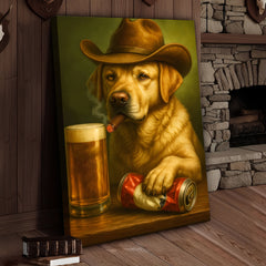 Maxcorners Funny Cowboy Dog Wall Art – Funny Beer & Smoking Canvas For Hunters, Bar & Man Cave Decor