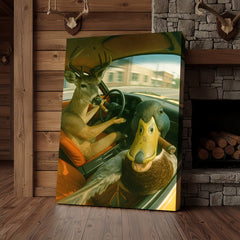 Maxcorners Wild Road Trip Canvas Wall Art – Deer & Duck Adventure Scene – Quirky Rustic Cabin Decor