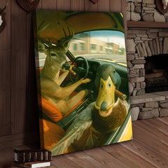Maxcorners Wild Road Trip Canvas Wall Art – Deer & Duck Adventure Scene – Quirky Rustic Cabin Decor