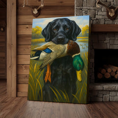 Maxcorners Hunting Dog Canvas Wall Art – Black Labrador Retriever with Duck, Rustic Cabin & Man Cave Decor