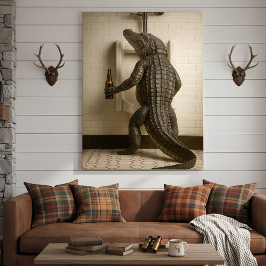 Maxcorners Alligator Bathroom Canvas Wall Art - Funny Rustic Lodge Decor for Cabin, Bar, and Wildlife Lovers - Unique Gator Print