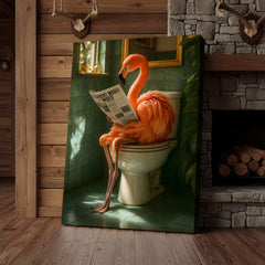 Maxcorners Funny Flamingo Bathroom Canvas Wall Art – Quirky Bird Reading Newspaper Print – Humorous Home Decor