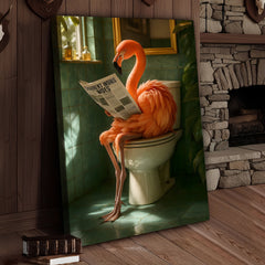 Maxcorners Funny Flamingo Bathroom Canvas Wall Art – Quirky Bird Reading Newspaper Print – Humorous Home Decor