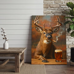 Maxcorners Smoking Deer with Cocktail Glasses Canvas – Funny Hunting Wall Art for Man Caves