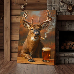 Maxcorners Smoking Deer with Cocktail Glasses Canvas – Funny Hunting Wall Art for Man Caves