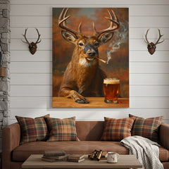Maxcorners Smoking Deer with Cocktail Glasses Canvas – Funny Hunting Wall Art for Man Caves
