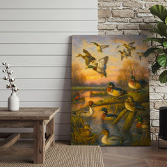 Maxcorners Duck Hunting Canvas Wall Art – Oil Painting Style Waterfowl at Sunset Rustic Lodge Decor
