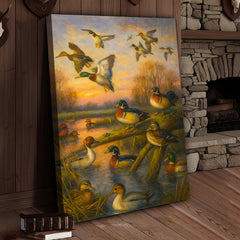Maxcorners Duck Hunting Canvas Wall Art – Oil Painting Style Waterfowl at Sunset Rustic Lodge Decor