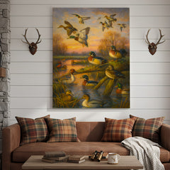 Maxcorners Duck Hunting Canvas Wall Art – Oil Painting Style Waterfowl at Sunset Rustic Lodge Decor