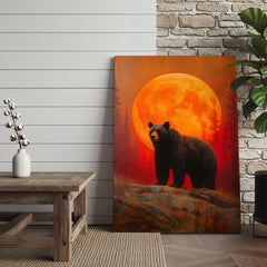 Maxcorners Bear Canvas Wall Art – Majestic Black Bear with Fiery Orange Full Moon – Rustic Wildlife Lodge & Cabin Decor