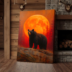 Maxcorners Bear Canvas Wall Art – Majestic Black Bear with Fiery Orange Full Moon – Rustic Wildlife Lodge & Cabin Decor
