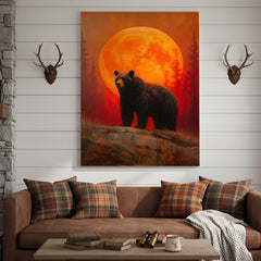 Maxcorners Bear Canvas Wall Art – Majestic Black Bear with Fiery Orange Full Moon – Rustic Wildlife Lodge & Cabin Decor