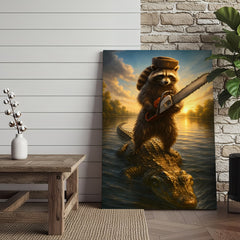 Maxcorners Badass Raccoon Riding Alligator Canvas – Funny Gift for Men, Hunters & Animal Lovers