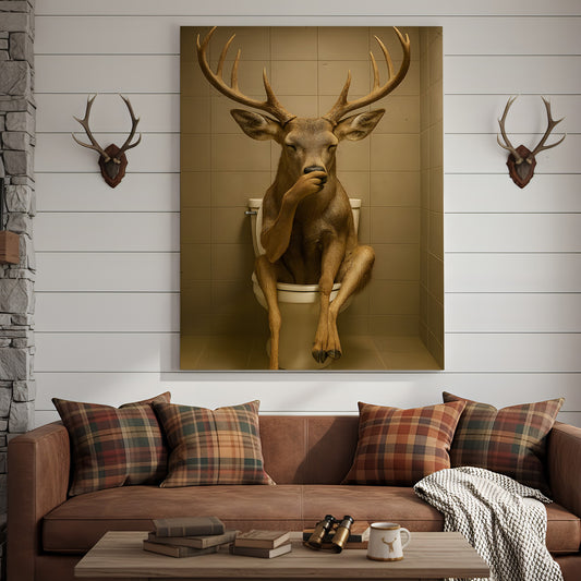 Maxcorners Funny Deer Bathroom Canvas Wall Art – Rustic Toilet Canvas for Cabin, Lodge & Man Cave Decor