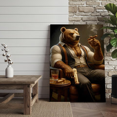 Maxcorners Boss Bear Canvas Wall Art, Stylish Anthropomorphic Animal Portrait, Masculine Power and Confidence Lounge Decor for Men