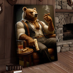 Maxcorners Boss Bear Canvas Wall Art, Stylish Anthropomorphic Animal Portrait, Masculine Power and Confidence Lounge Decor for Men