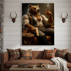 Maxcorners Boss Bear Canvas Wall Art, Stylish Anthropomorphic Animal Portrait, Masculine Power and Confidence Lounge Decor for Men