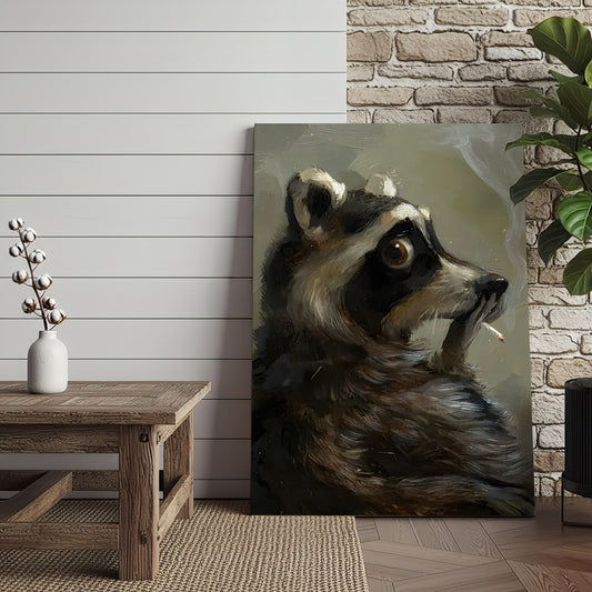 Maxcorners Raccoon Canvas Wall Art, Vintage Oil Portrait Anthropomorphic Animal, Moody Woodland Rustic Cabin Decor