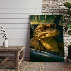 Maxcorners Cool Alligator Canvas Wall Art, Retro Sunglasses Gator in Car Portrait, Funny Swamp Reptile Decor for Men