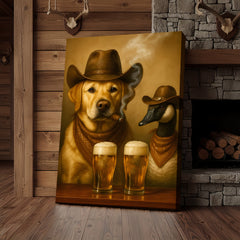 Maxcorners Funny Cowboy Dog & Goose Canvas Wall Art – Funny Beer & Smoking Western Decor for Hunters, Cabin & Man Cave