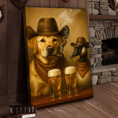Maxcorners Funny Cowboy Dog & Goose Canvas Wall Art – Funny Beer & Smoking Western Decor for Hunters, Cabin & Man Cave