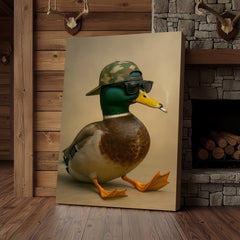 Maxcorners Cool Mallard Duck with Camo Hat Wall Art – Funny Hunting Canvas Print for Cabin, Lodge & Man Cave Decor