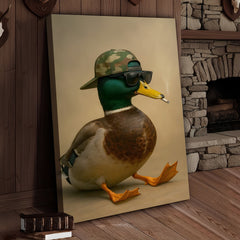 Maxcorners Cool Mallard Duck with Camo Hat Wall Art – Funny Hunting Canvas Print for Cabin, Lodge & Man Cave Decor