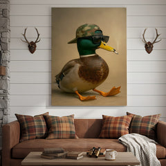 Maxcorners Cool Mallard Duck with Camo Hat Wall Art – Funny Hunting Canvas Print for Cabin, Lodge & Man Cave Decor
