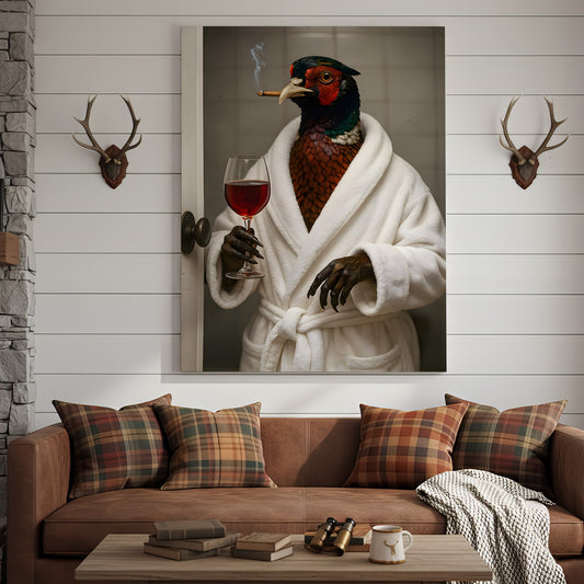 Maxcorners Funny Pheasant Canvas Wall Art – Smoking Bird in Bathrobe with Wine, Vintage Animal Humor Wall Art