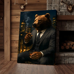 Maxcorners Boss Bear Wall Art – Suited Animal Smoking Canvas, Whiskey Lounge Decor, Alpha Man Gift