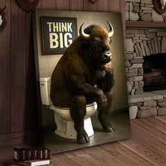 Maxcorners Funny Buffalo Bathroom Wall Art – Think Big Bison Canvas, Rustic Farmhouse Animal Decor