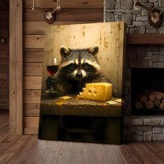 Maxcorners Raccoon with Wine and Cheese Canvas – Funny Bar Wall Art, Gentleman Gift for Men