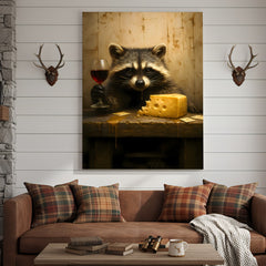 Maxcorners Raccoon with Wine and Cheese Canvas – Funny Bar Wall Art, Gentleman Gift for Men