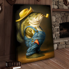 Maxcorners Funny Bass Wall Art – Farmer Fish Canvas for Fishing Lovers, Cabin & Lake House Decor
