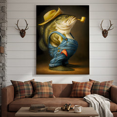 Maxcorners Funny Bass Wall Art – Farmer Fish Canvas for Fishing Lovers, Cabin & Lake House Decor